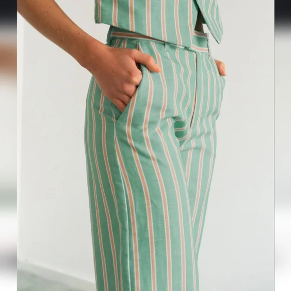 Striped Green Wide-Leg Pants - Picture 5 of 6